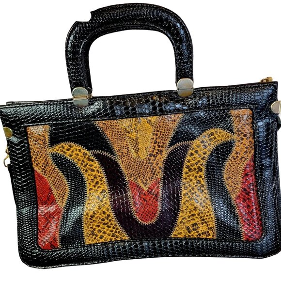Vintage 80s Leather Satchel Bag Handle Large Purse Handbag Women Black Red Snake - Picture 16 of 16